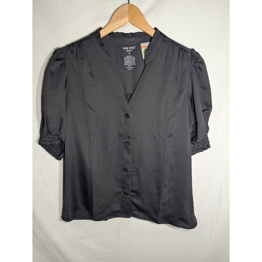 Nine‎ West Womens Adaptive Magnetic Snap Blouse Sz S Black Ruffle Puff Sleeve